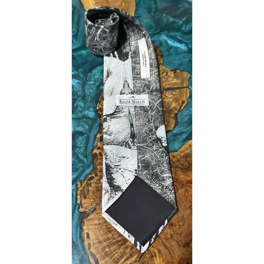 Ralph Marlin Vintage 1994 Neck Tie The Thinker Gray Marble Acid Wash